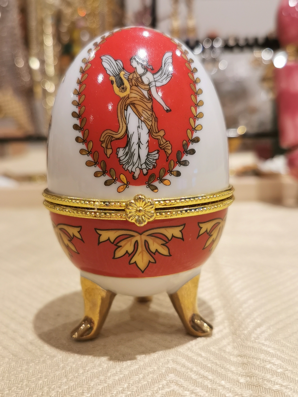 Ornate Decorative Egg Trinket Box in Red, White & Gold